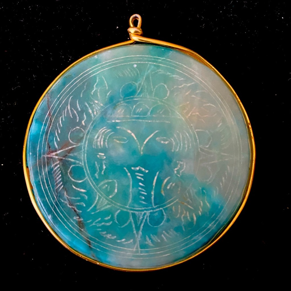 Vintage Aztec Sun God Etched Stone Pendant